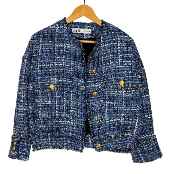 Zara Blue Tweed Blazer with Gold Buttons - Picture 2 of 6